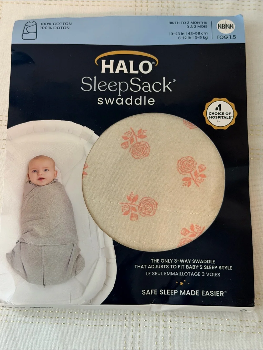 Halo Sleep Sack Swaddle 100% Cotton, TOG 1.5, Rose Toss Blush, Newborn